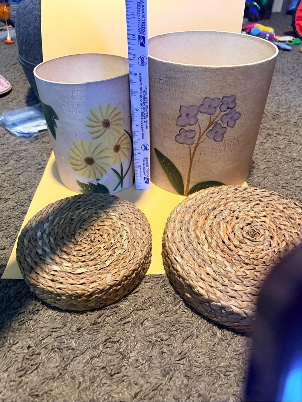 Hand-Painted Floral  Canisters with Woven Seagrass Lids - Cream